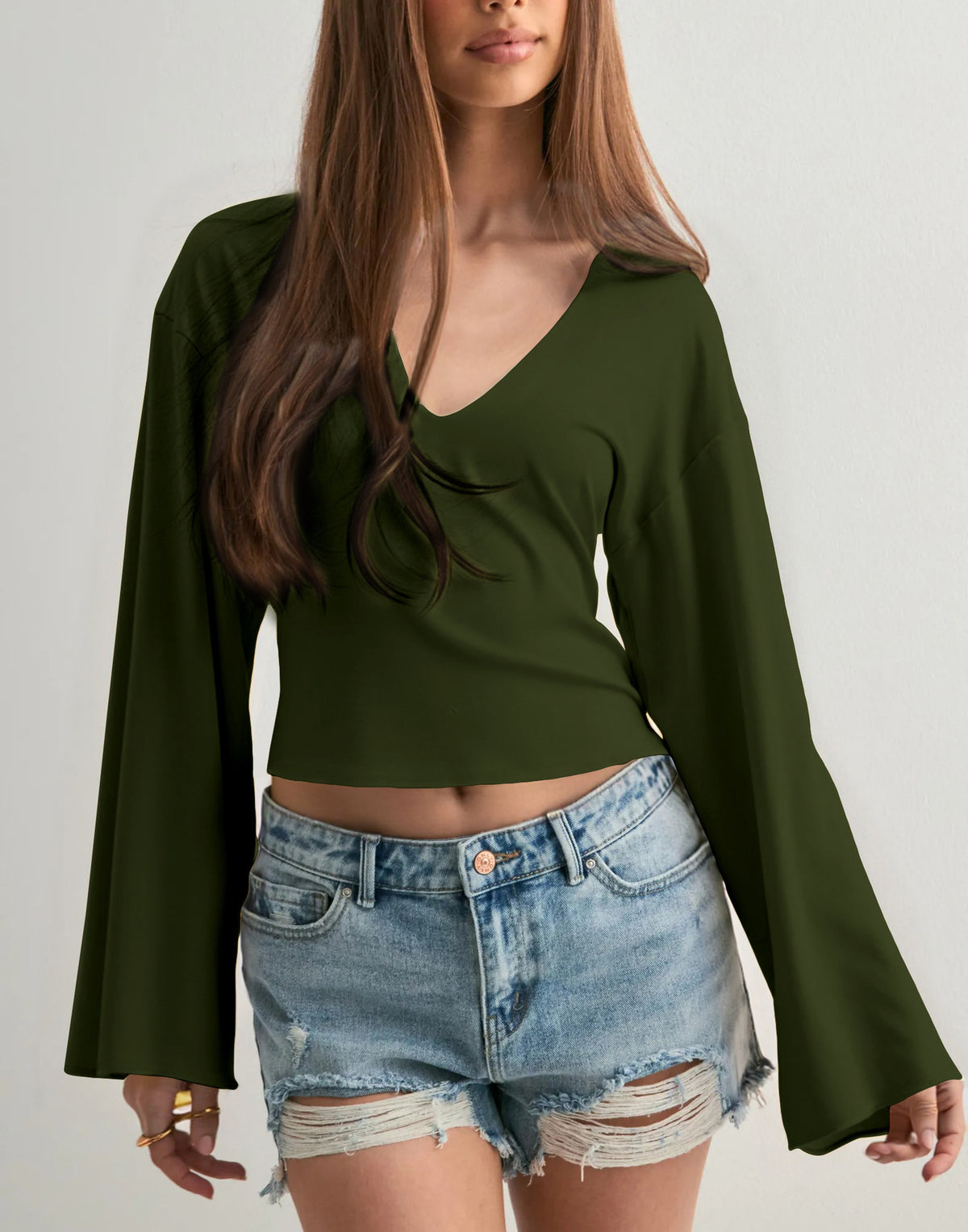 Women's V Neck Bell Sleeve Crop Top Slim Fit Y2K