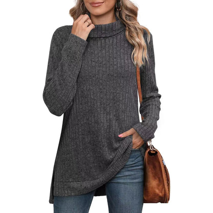 Oversized Ribbed Turtleneck Tunic Top Side Split