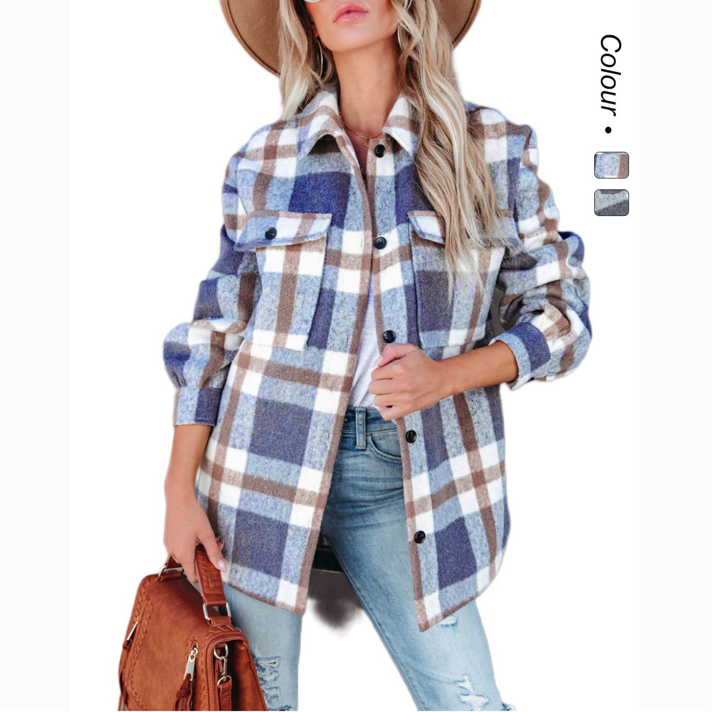 Women's Plaid Shacket Button Down Casual Jacket