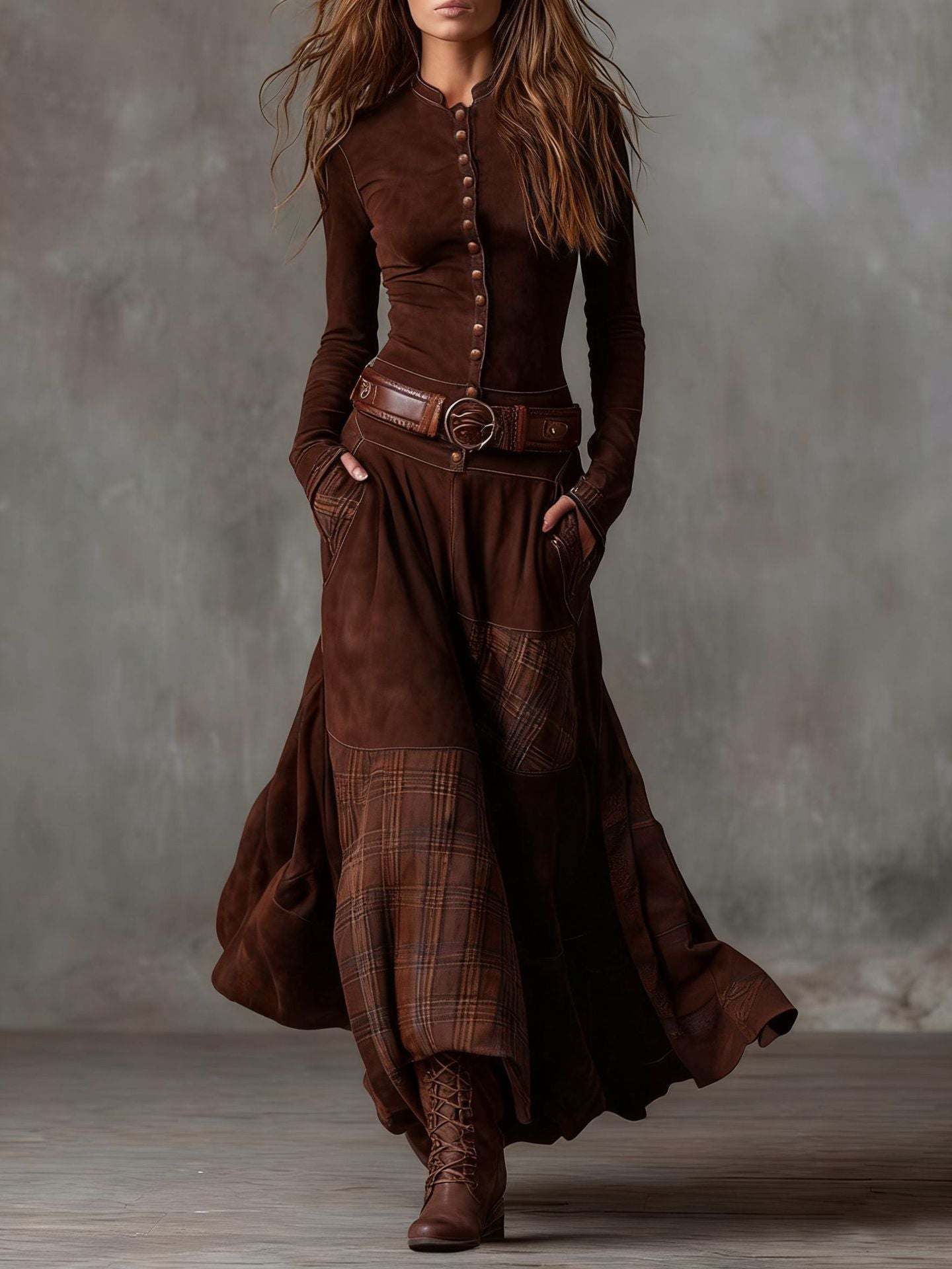 Suede Plaid Patchwork Maxi Dress Belted Pockets