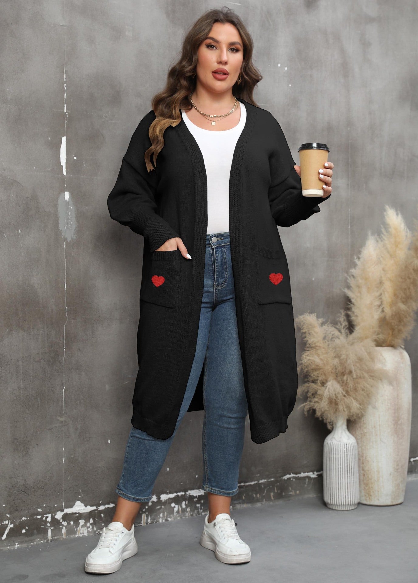 Women's Loose Medium and Long Double Pocket Lantern Sleeve Sweater Cardigan Jacket
