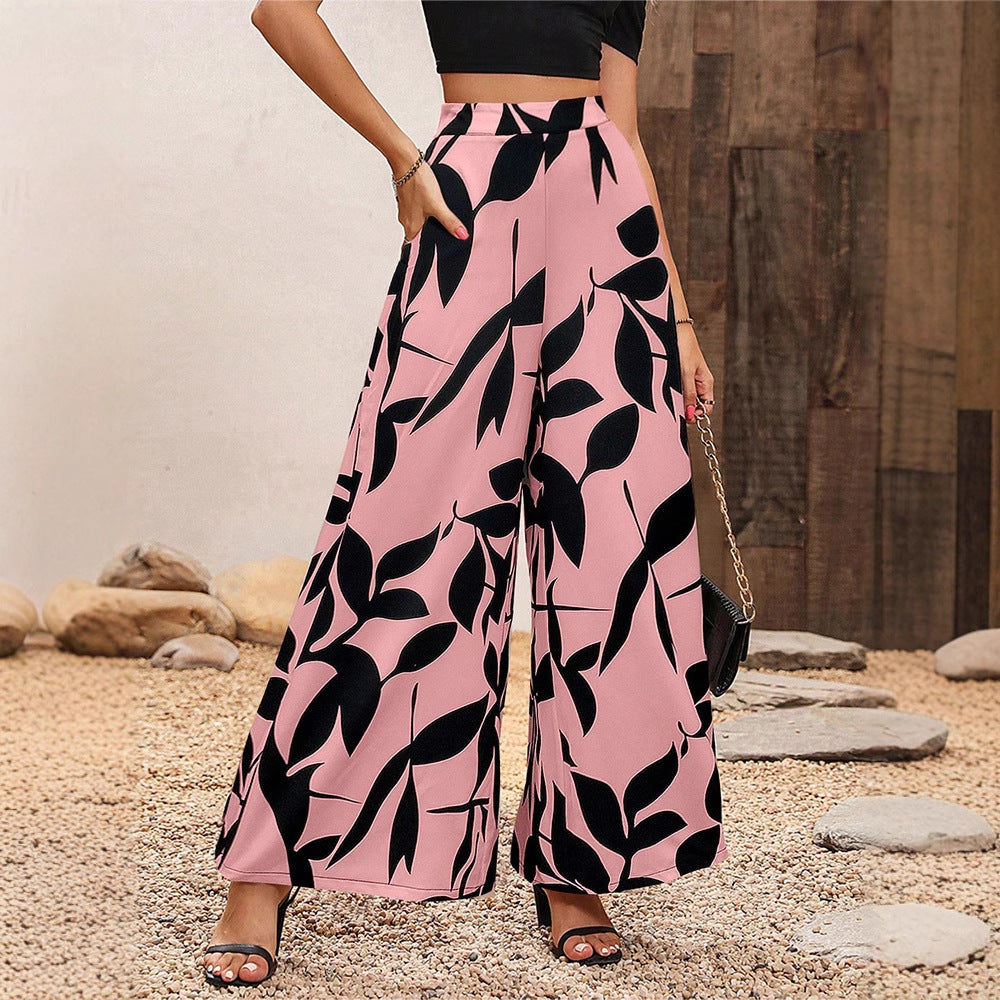 Women's Leaf Print Chiffon High Waist Wide Leg Pants
