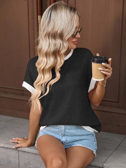 Khaki Contrast Trim Knit Tee Loose Crew Neck Top