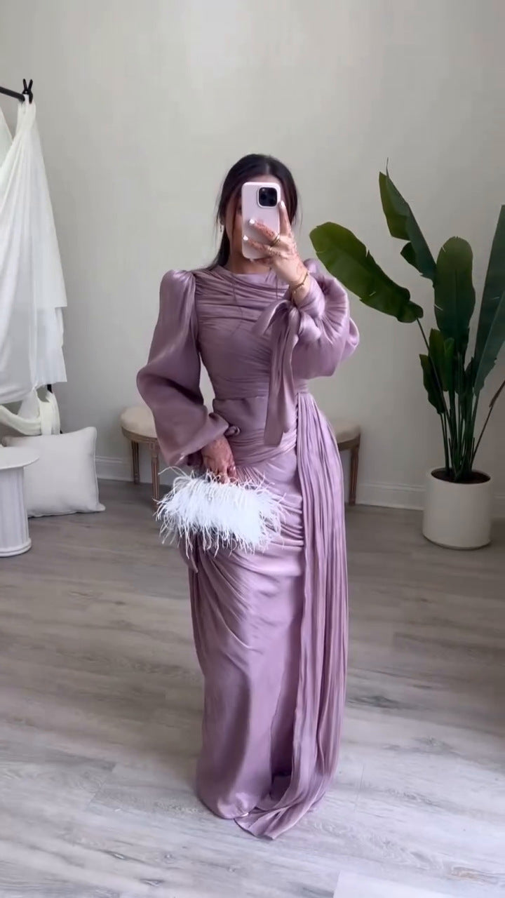 Elegant Ruched Long Sleeve Maxi Dress Evening Gown