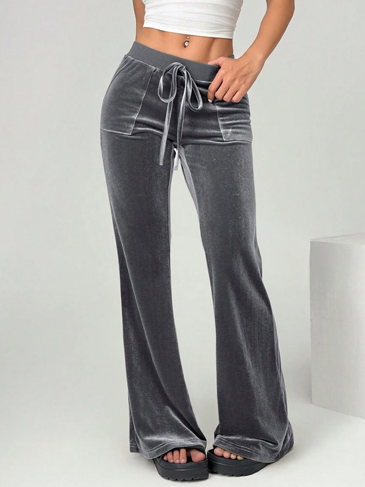Velvet Drawstring Flare Pants with Pockets