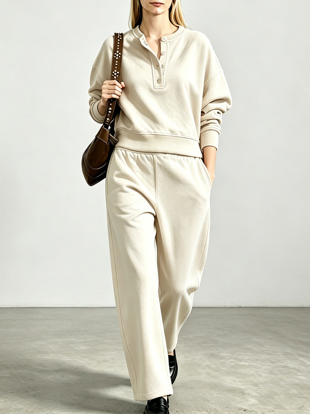 Women's Oversized Henley Sweatshirt Sweatpants Set