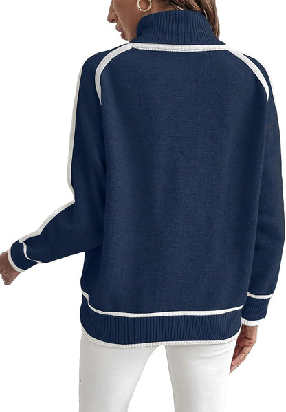 Women's Oversized Turtleneck Sweater Contrast Trim Pullover