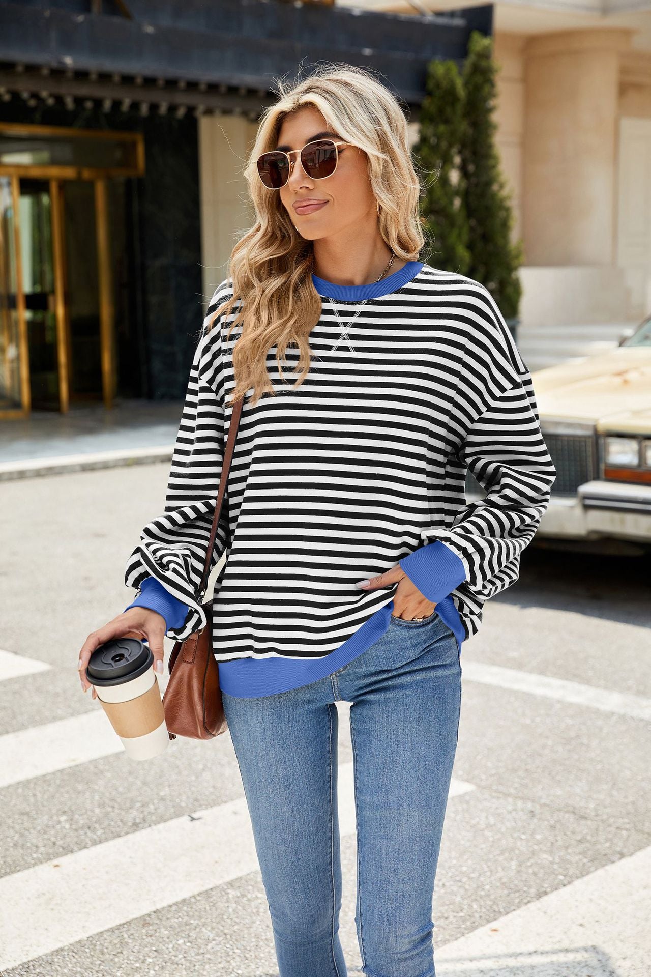 Striped Color Block Crew Neck Oversized Sweatshirt