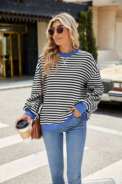 Striped Color Block Crew Neck Oversized Sweatshirt