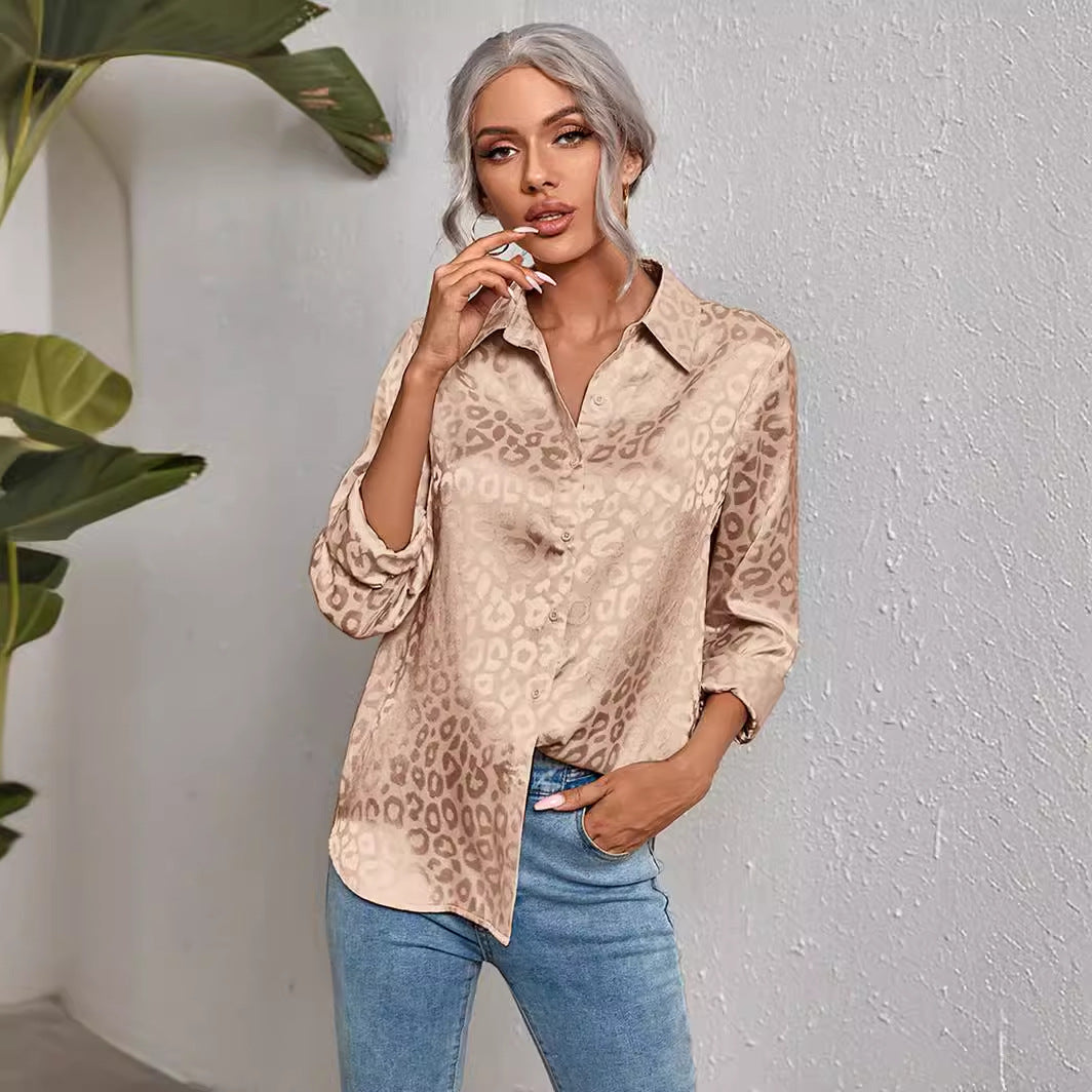 Women's Leopard Jacquard Button Down Shirt Long Sleeve