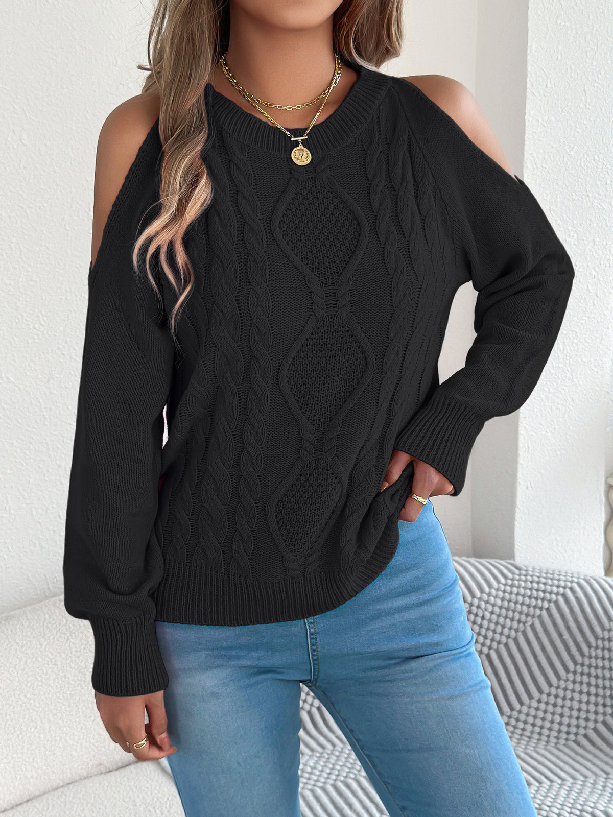 Women's Cold Shoulder Cable Knit Pullover Sweater