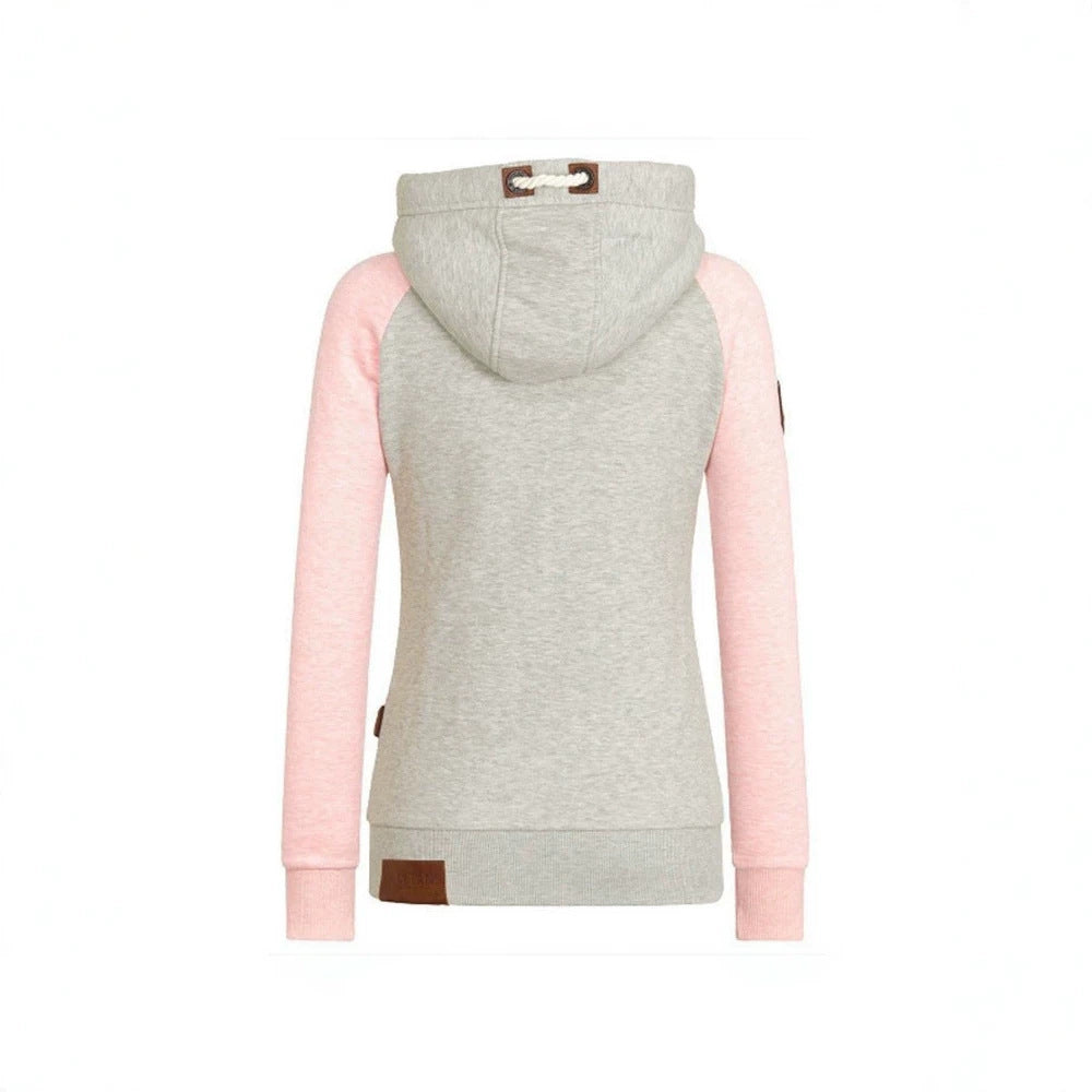 Women's Color Block Zip Up Hoodie Fleece Leather Patches