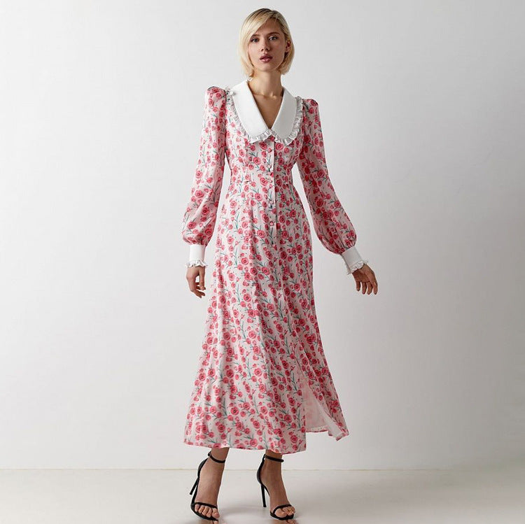 Floral Maxi Dress Long Sleeve Peter Pan Collar Button Front