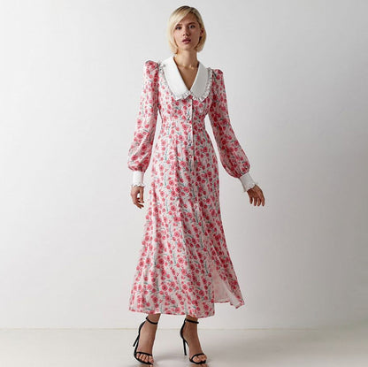 Floral Maxi Dress Long Sleeve Peter Pan Collar Button Front