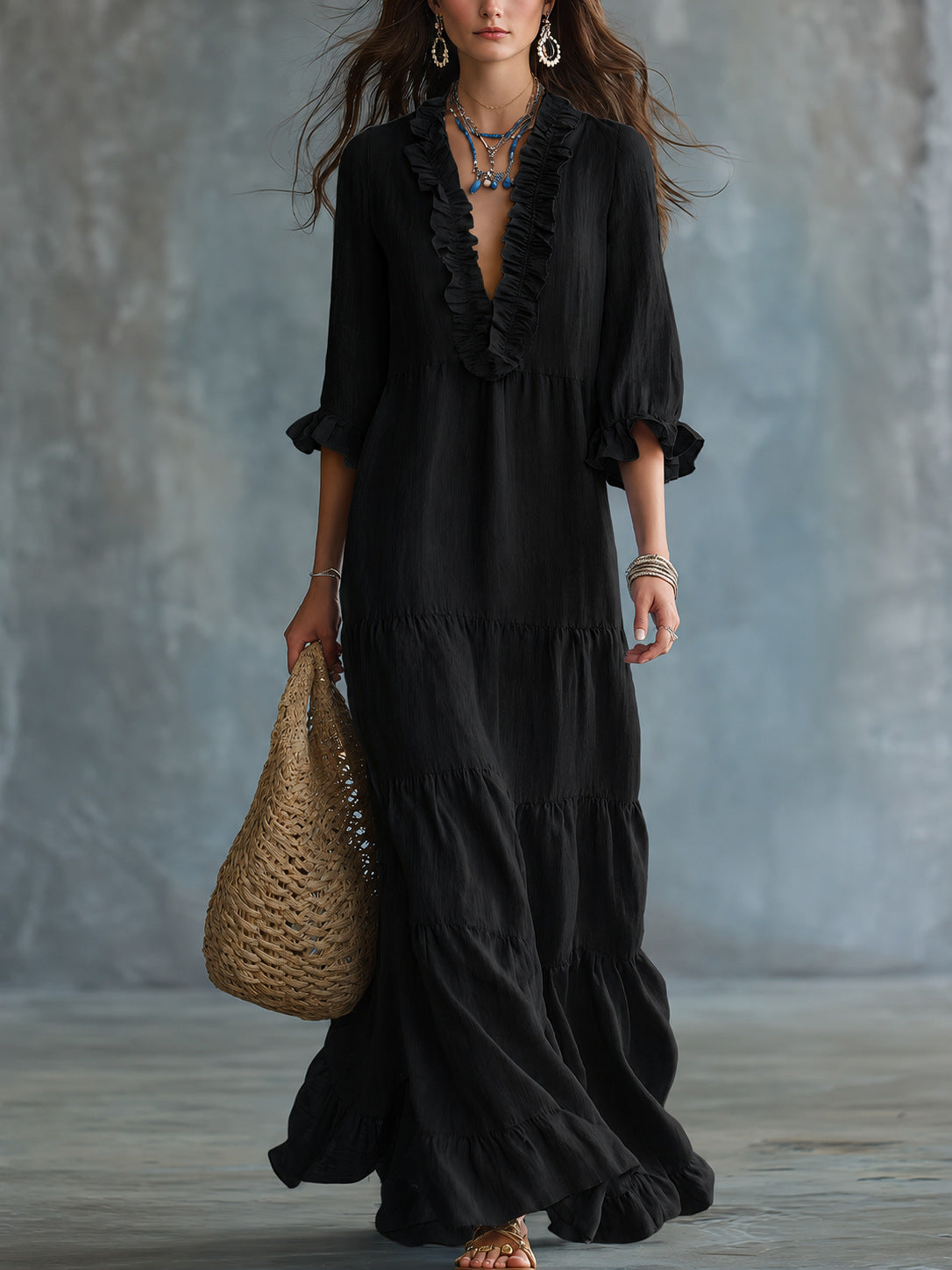 Women's Boho Tiered Ruffle Maxi Dress V-Neck 3/4 Sleeve