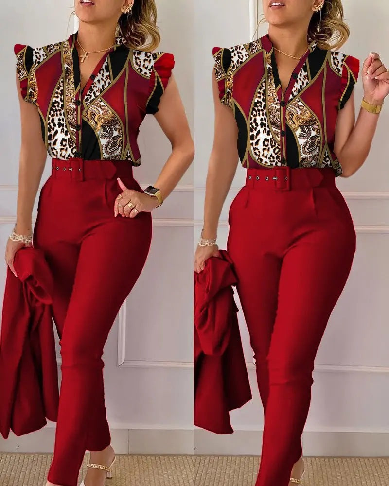 Floral Ruffle Sleeve Top & Belted Pants Two Piece Set