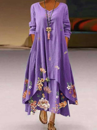 Women's Boho Floral Long Sleeve Asymmetrical Maxi Dress