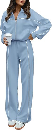 Contrast Trim Zip Jacket Pants Two Piece Set