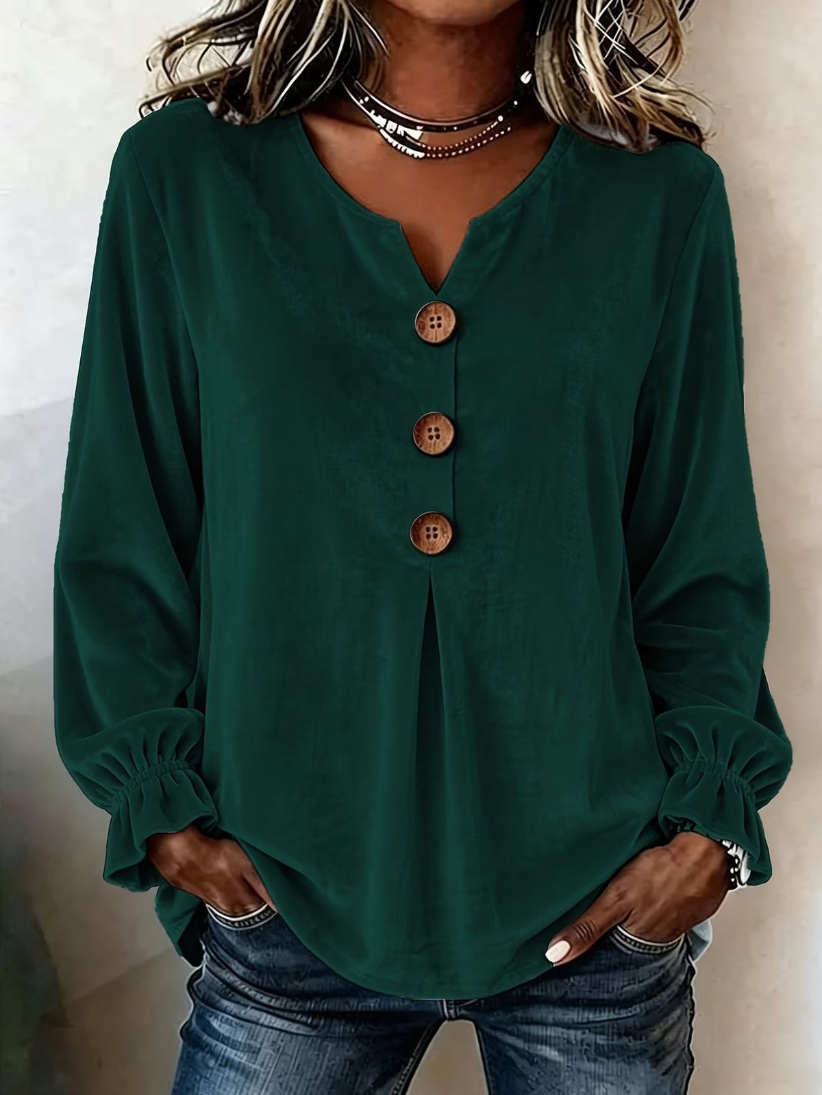 Women's Boho Velvet V-Neck Button Bell Sleeve Blouse