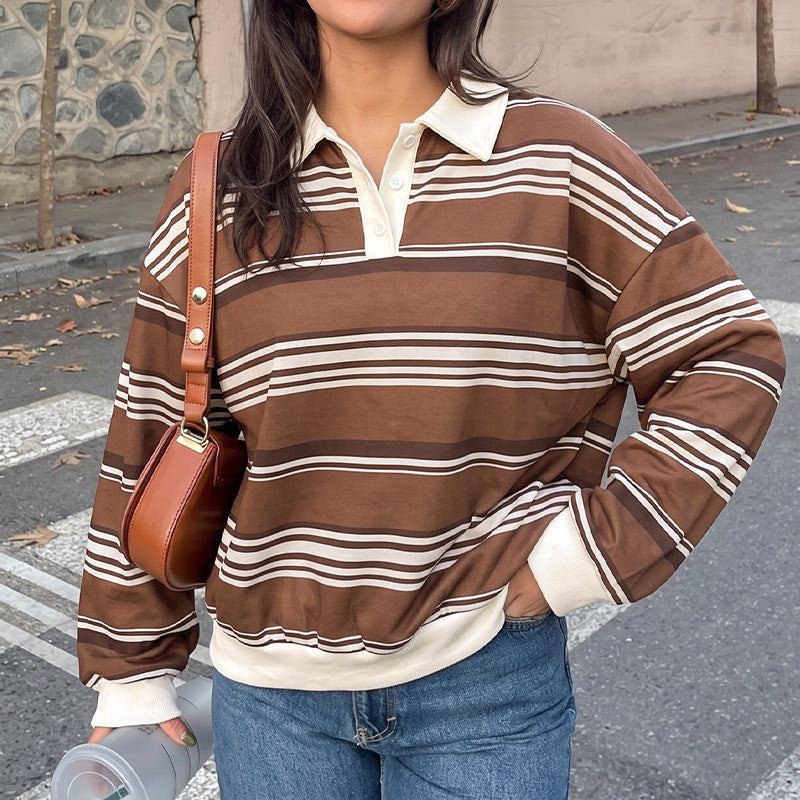 Striped Polo Sweatshirt Contrast Collar Relaxed Fit