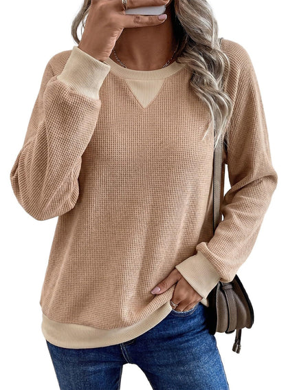 Women's Waffle Knit Color Block Long Sleeve Top