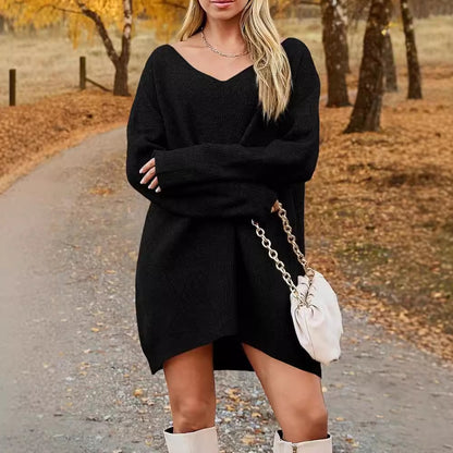 Oversized V Neck Chunky Knit Sweater Dress Long Sleeve