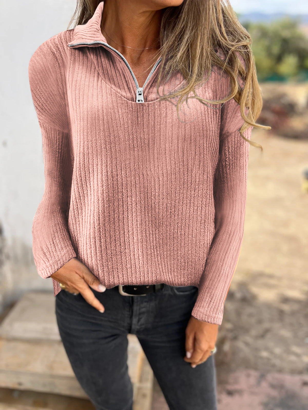Women's Ribbed Quarter Zip Pullover Sweater Long Sleeve