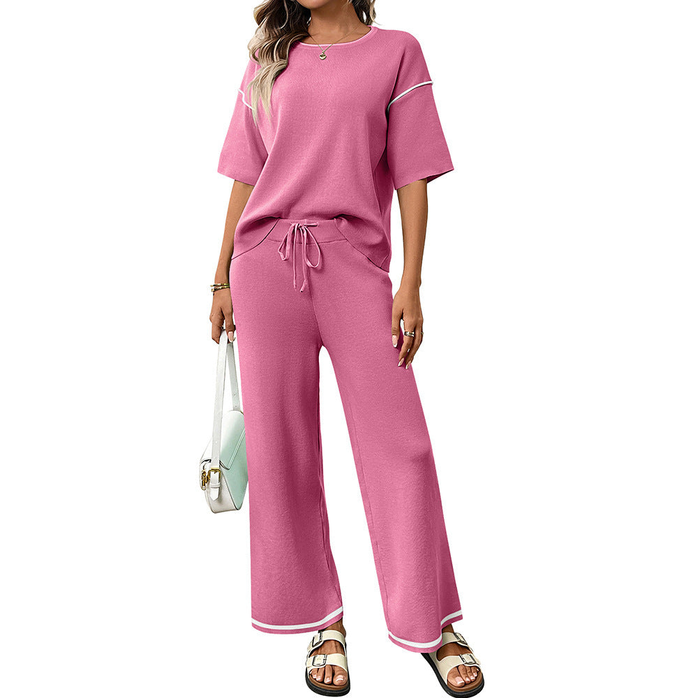 Mint Knit Lounge Set Short Sleeve Top Wide Leg Pants