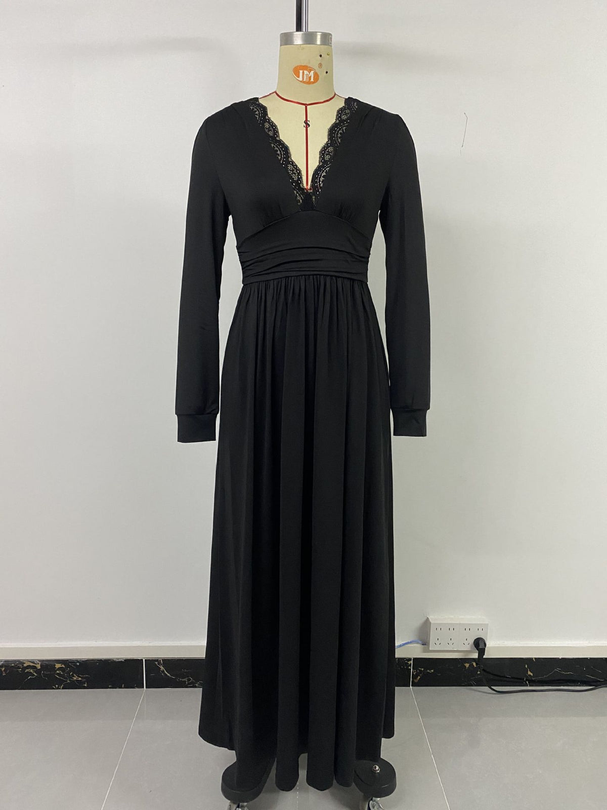Lace V-Neck Long Sleeve Slit A-Line Maxi Dress