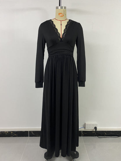 Lace V-Neck Long Sleeve Slit A-Line Maxi Dress