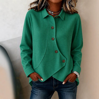 Women's Waffle Knit Button Down Collared Asymmetric Top