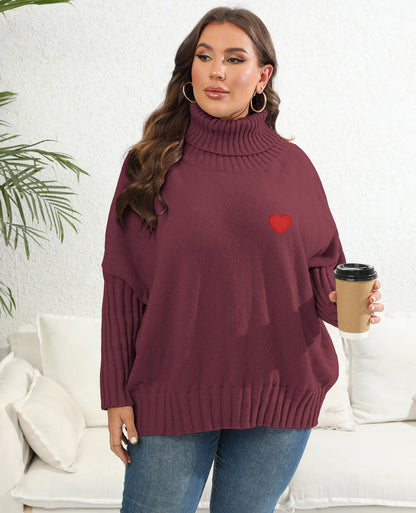 Women's Love Sticker Sweater Solid Color Turtleneck Loose Pullover