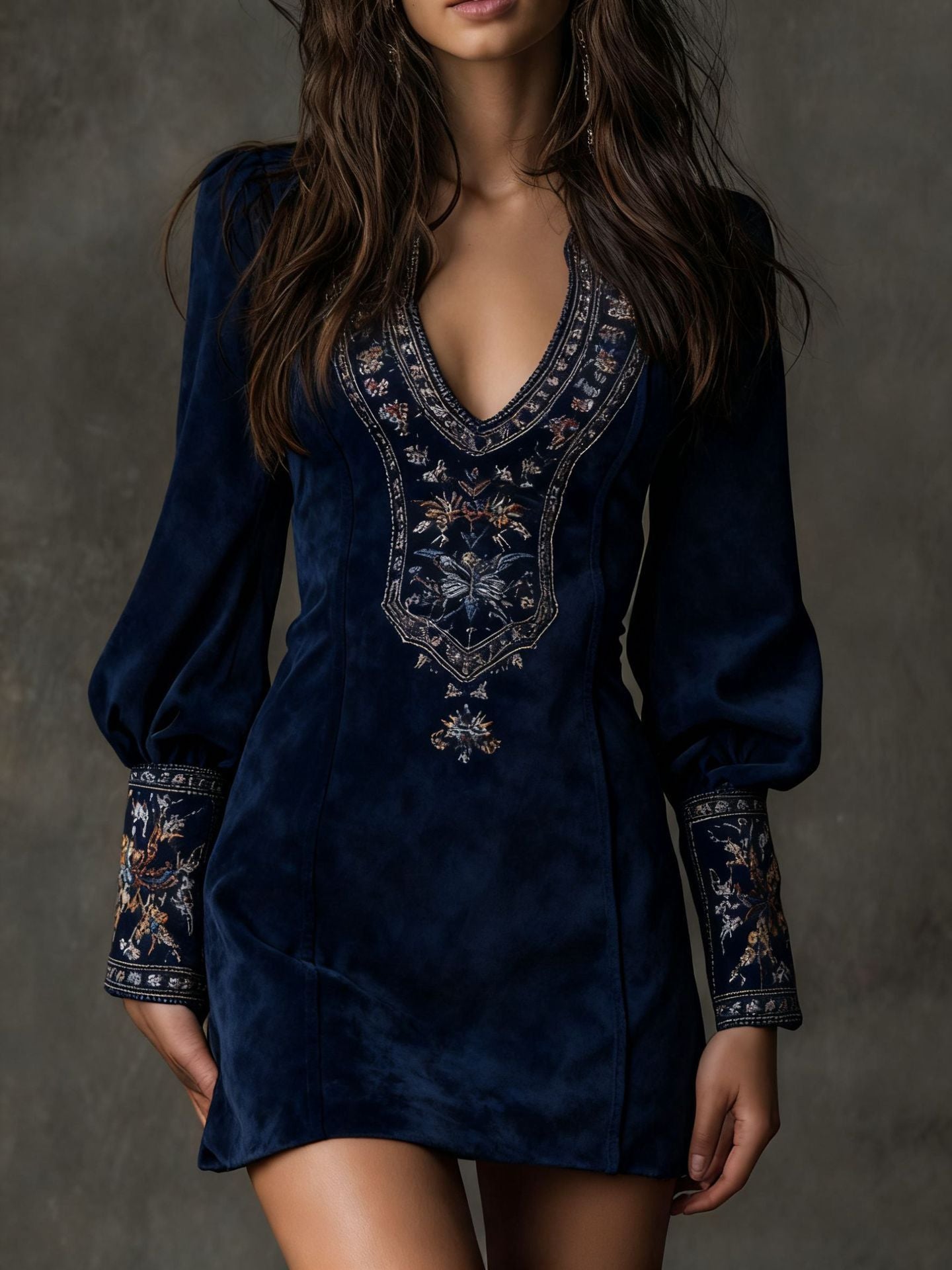 Boho Embroidered Suede V-Neck Long Sleeve Mini Dress