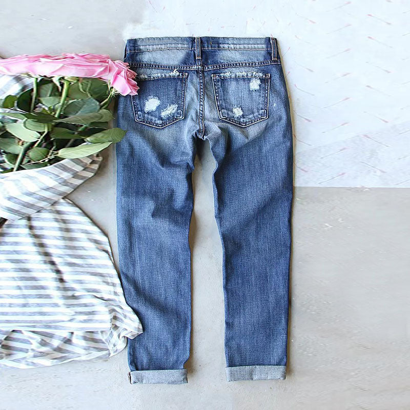 Women's Distressed Straight Jeans Plaid Patch Maple Leaf