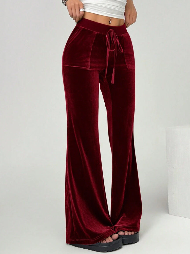 Velvet Drawstring Flare Pants with Pockets