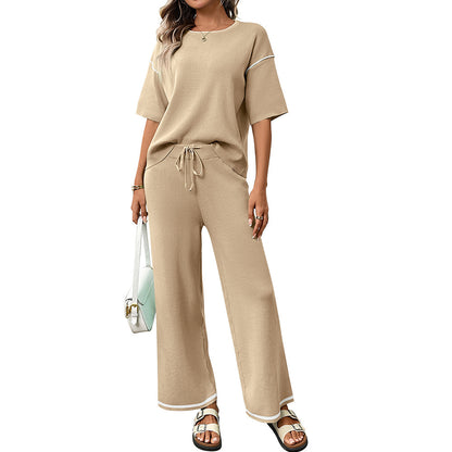 Mint Knit Lounge Set Short Sleeve Top Wide Leg Pants