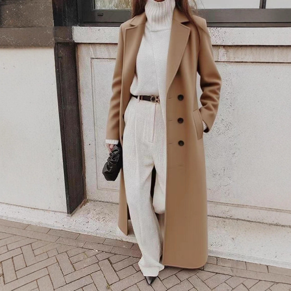 Women's Long Wool Coat Button Front Winter Outerwear