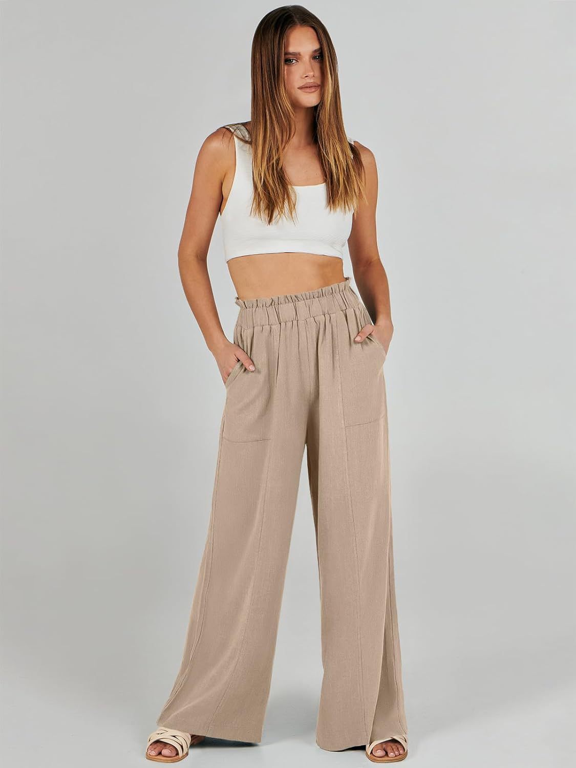 Women's High-Waisted Wide-Leg Linen Pants – Casual Summer Beach Trousers