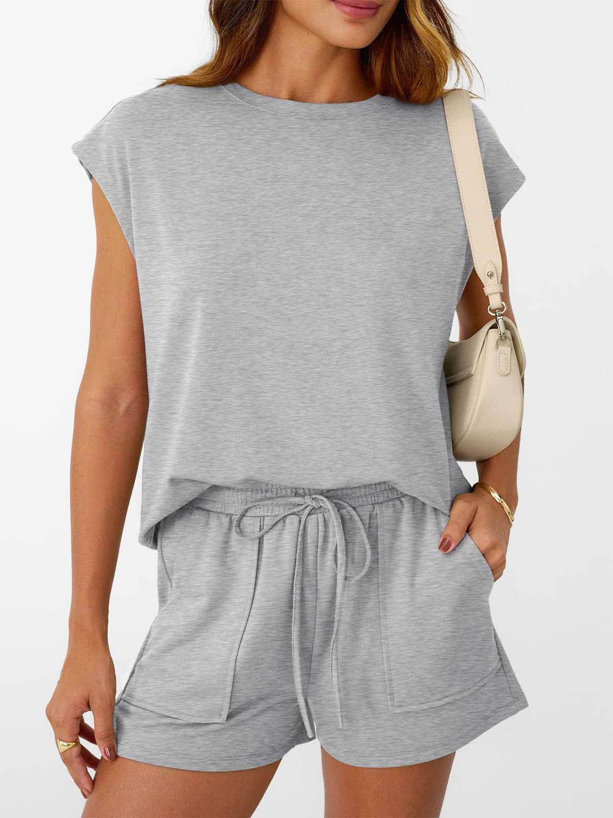 Solid Knit Shorts Set Crew Neck Pocket Lounge Outfit