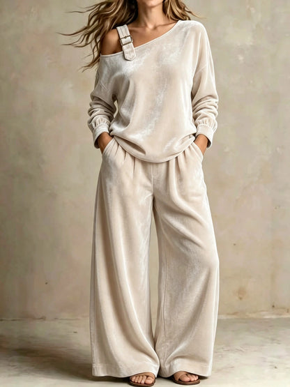 Women's Velvet Two Piece Set Wide Leg Pants Off Shoulder