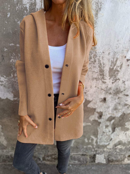 Women's Hooded Coat Button Front Mid Length Casual