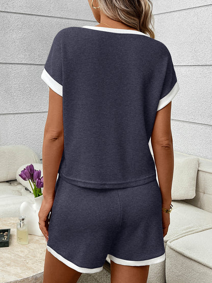 Green Ribbed Lounge Set Contrast Trim Tee Shorts Set