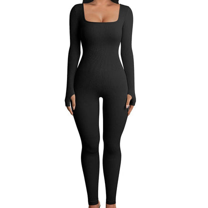 Womens Ribbed Square Neck Bodycon Long Sleeve Jumpsuit