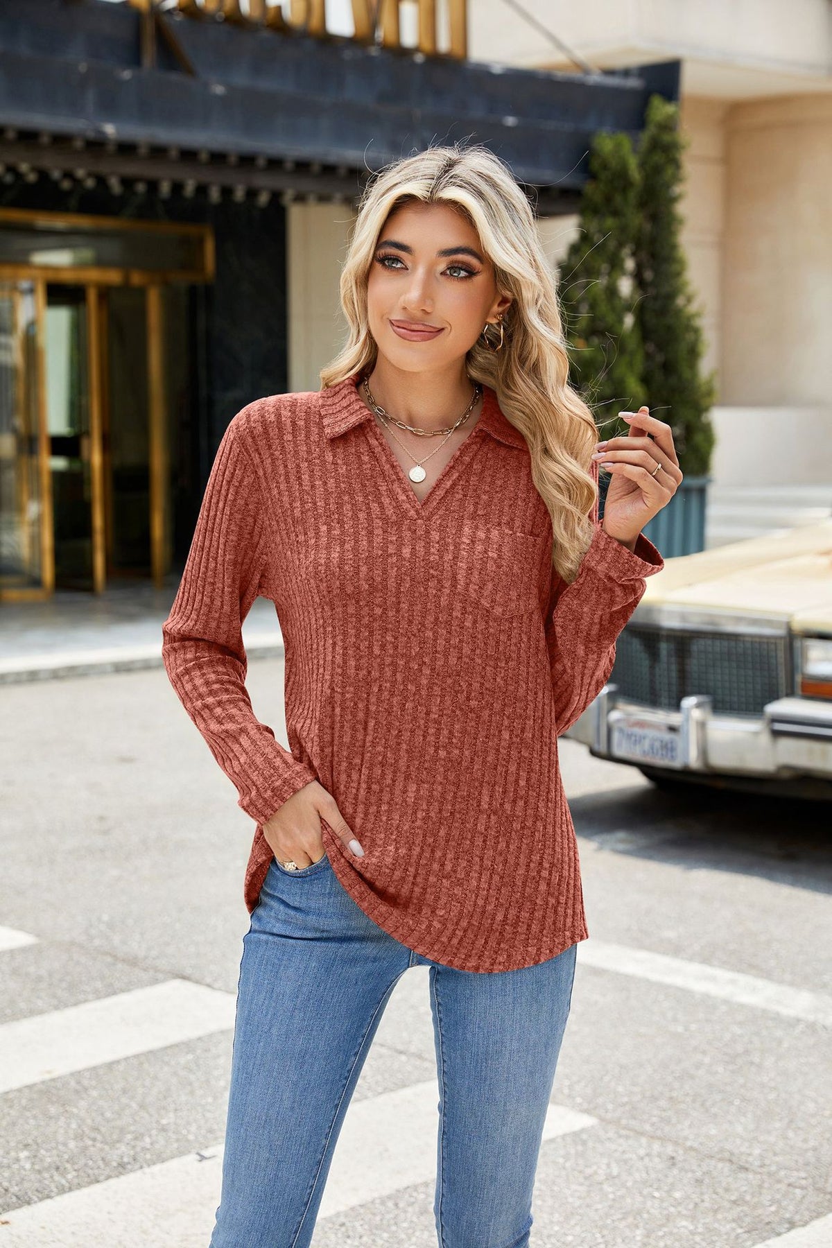 Women's Oversized Collared Long Sleeve Pocket Top