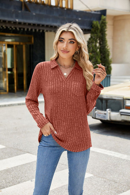 Women's Oversized Collared Long Sleeve Pocket Top