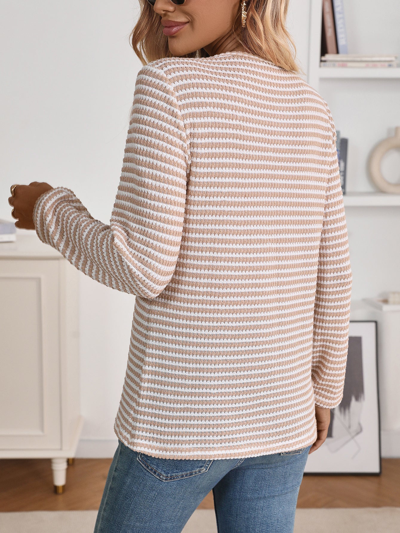 Striped waffle knit Henley top relaxed long sleeve