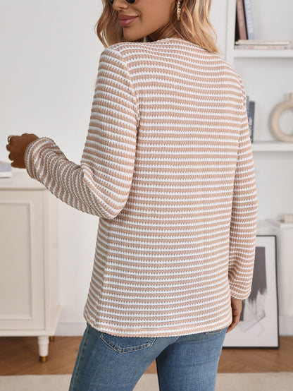 Striped waffle knit Henley top relaxed long sleeve