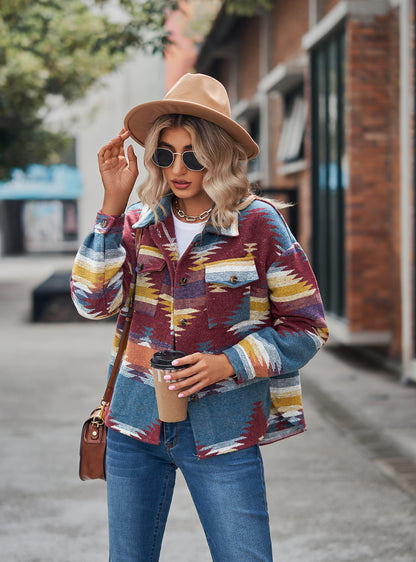 Women's Aztec Shacket Oversized Button Front Jacket