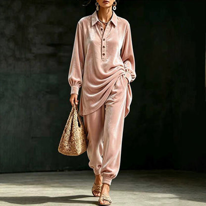 Women Oversized Velvet Lounge Set 2 Piece Shirt & Pants