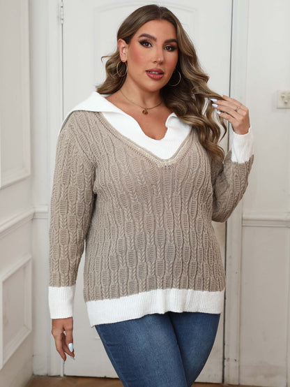 Women's Contrasting Color Splicing Lapel Long-sleeved Sweater